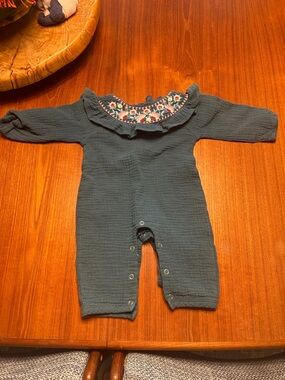 Baby Girls' Long-Sleeve Ruffle One-Piece in Deep Teal with Embroidered Yoke